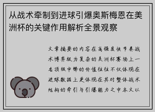 从战术牵制到进球引爆奥斯梅恩在美洲杯的关键作用解析全景观察
